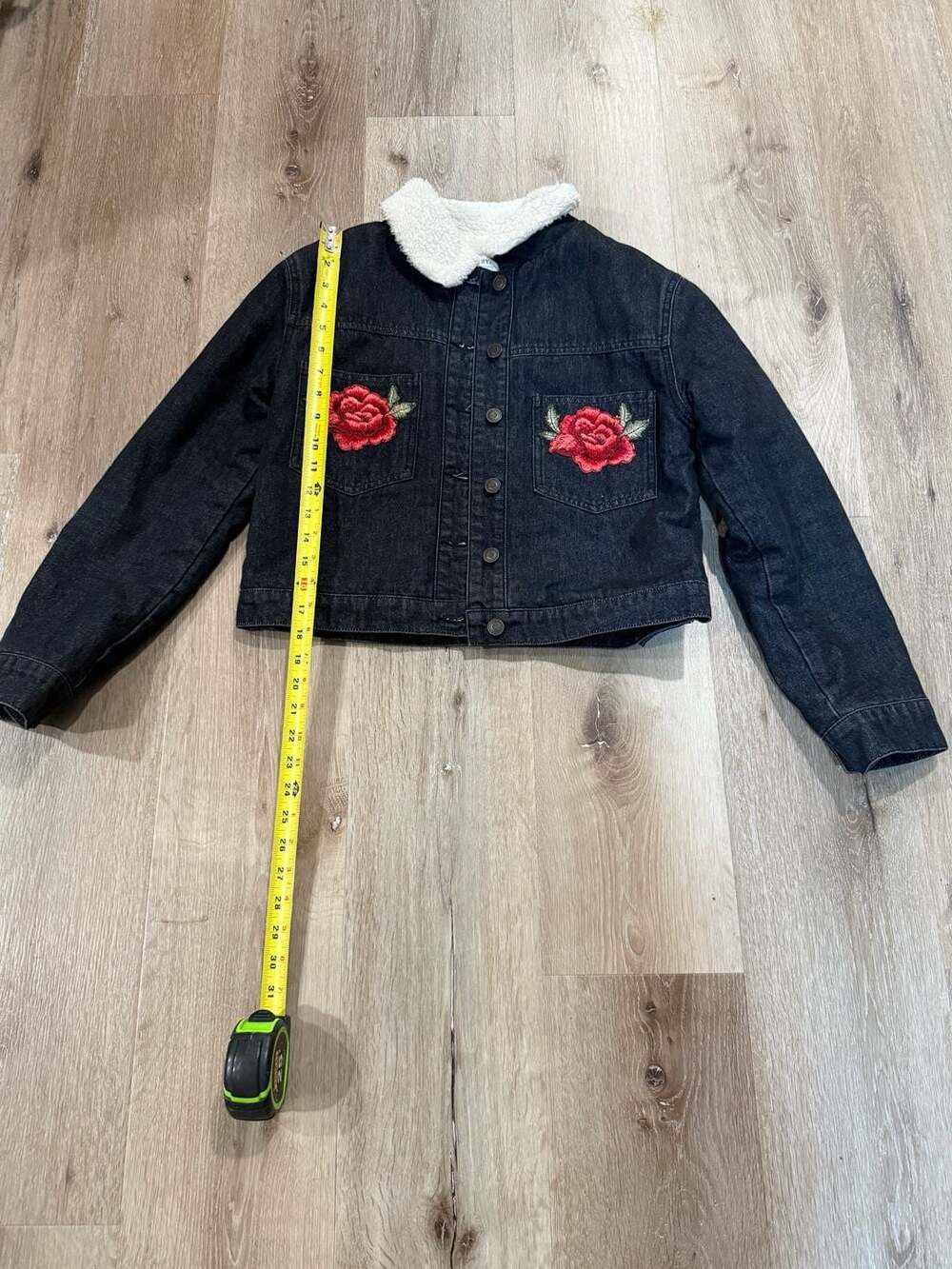 HYFVE Sherpa Denim Jacket Size S Black Rose Embroidered
